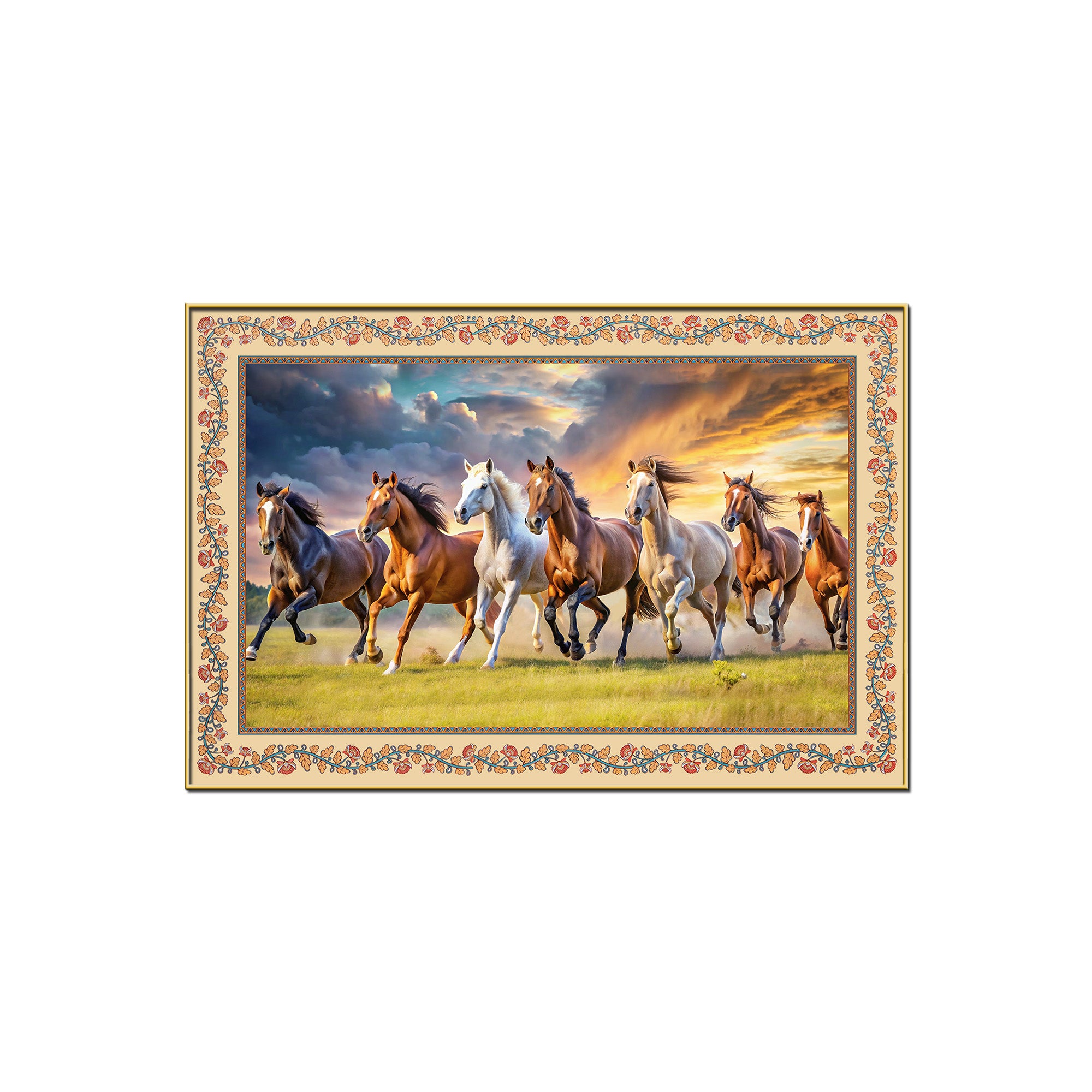 Seven Horses Running Floral Border Canvas Wall Painting