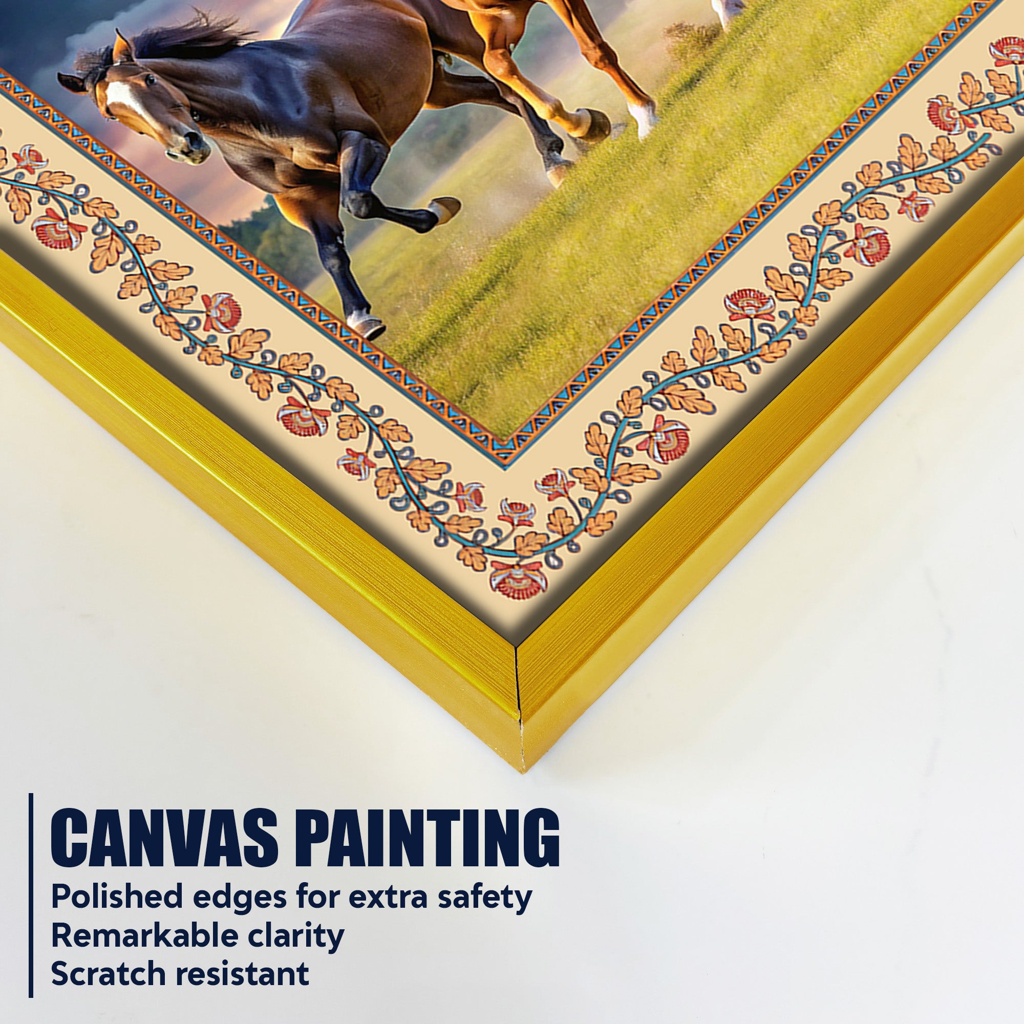 Seven Horses Running Floral Border Canvas Wall Painting
