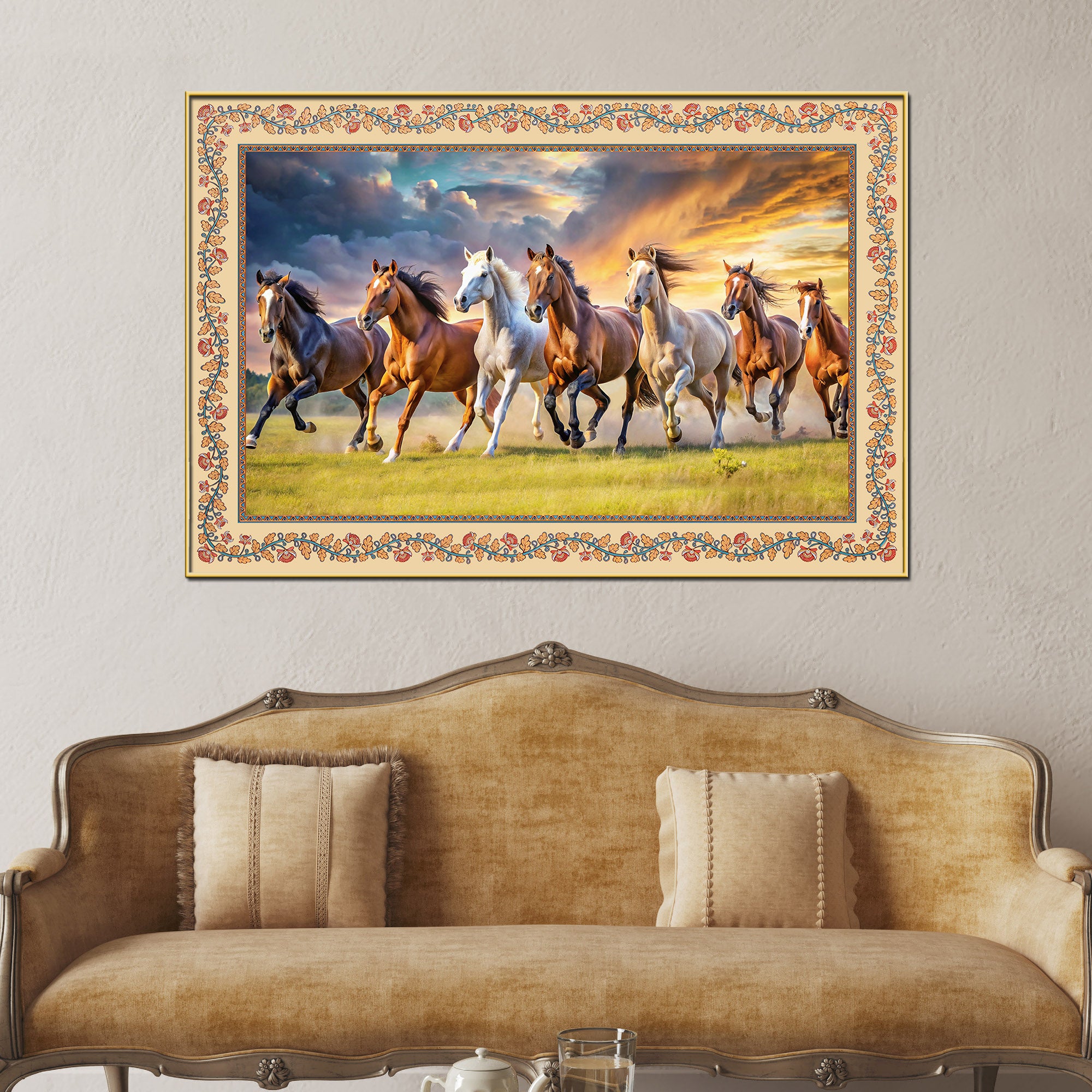 Seven Horses Running Floral Border Canvas Wall Painting