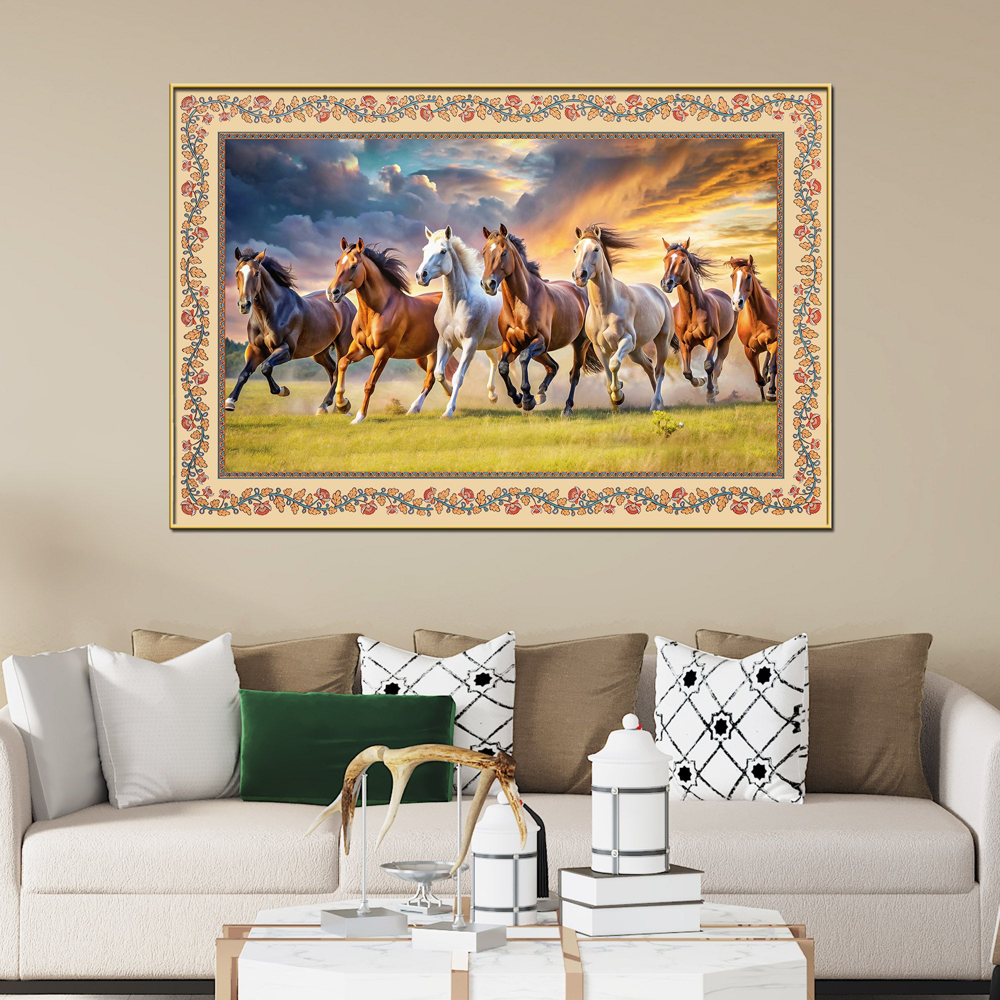 Seven Horses Running Floral Border Canvas Wall Painting