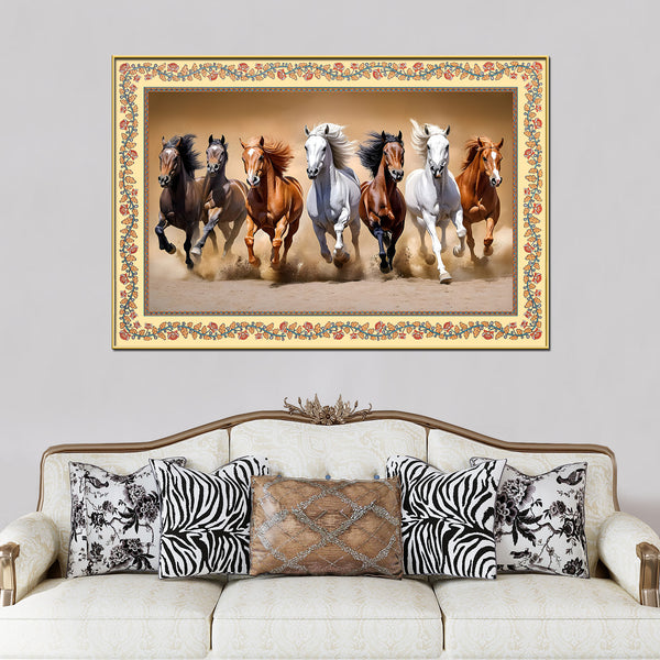 Seven Horses Running in Desert Floral Border Canvas Wall Painting