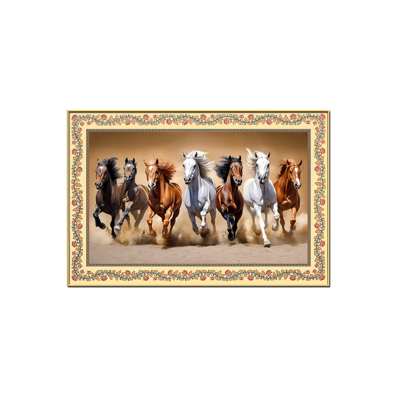 Seven Horses Running in Desert Floral Border Canvas Wall Painting
