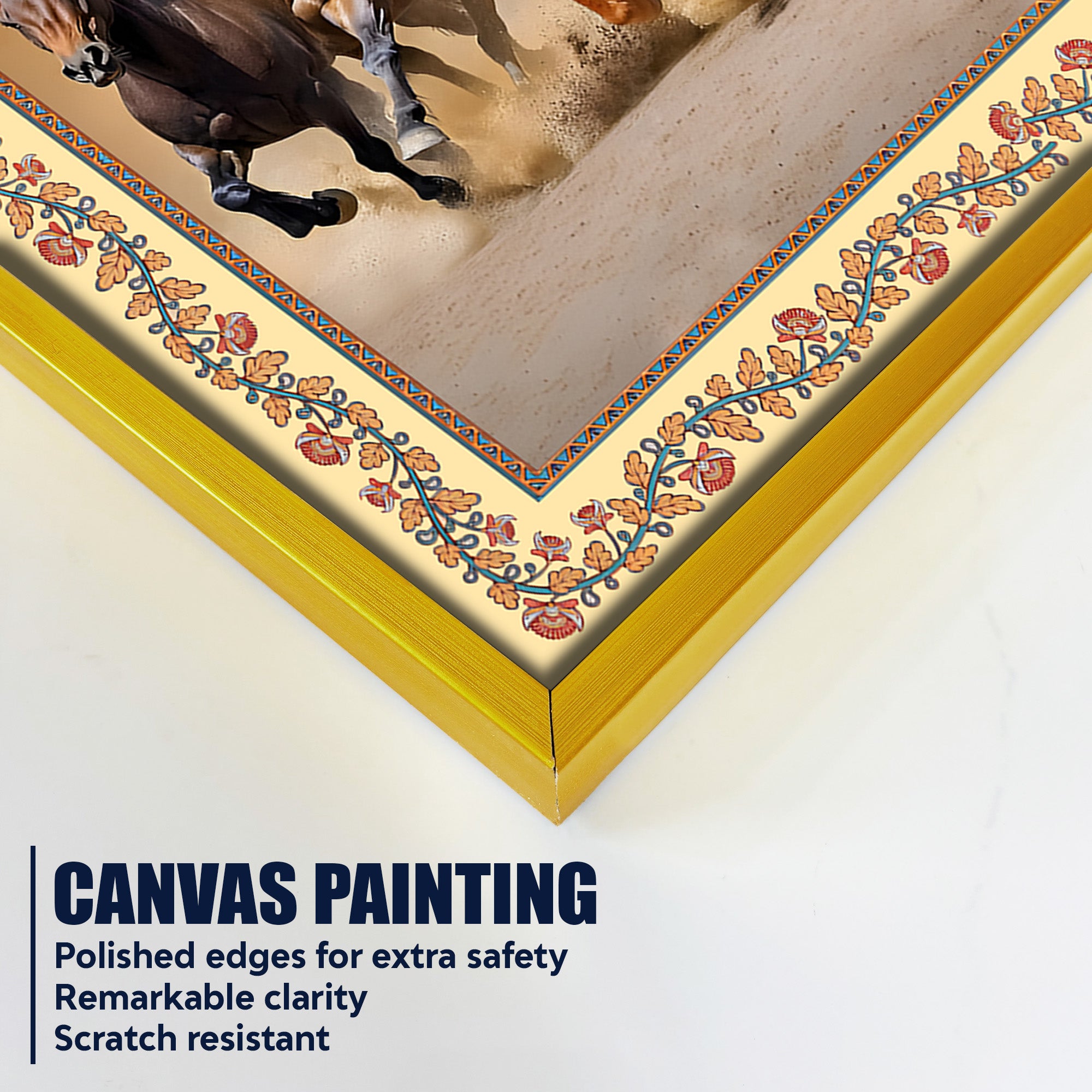 Seven Horses Running in Desert Floral Border Canvas Wall Painting
