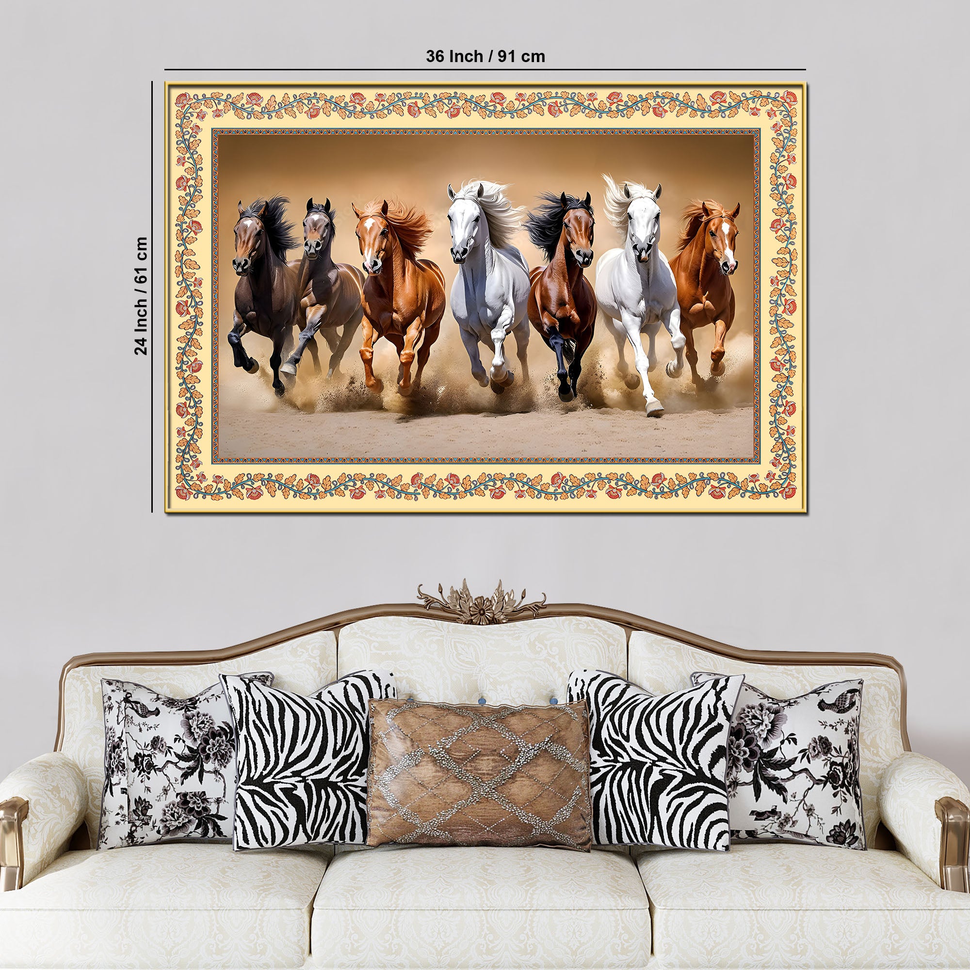 Seven Horses Running in Desert Floral Border Canvas Wall Painting
