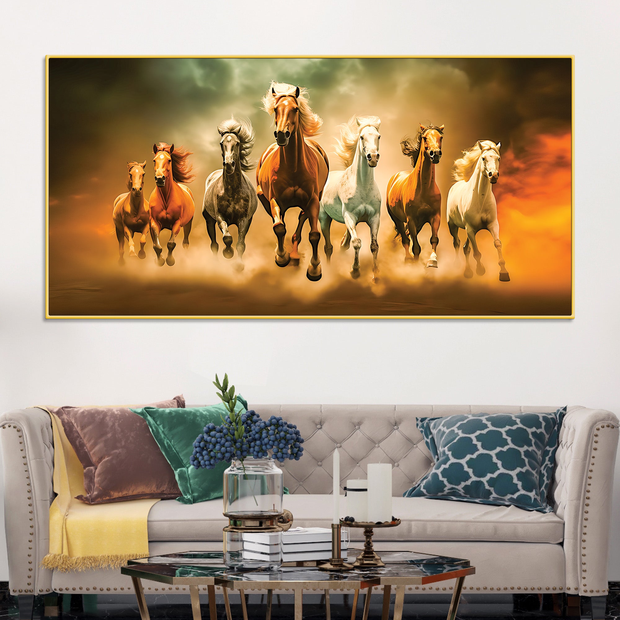 Seven Horses Running in Desert Premium Canvas Wall Painting