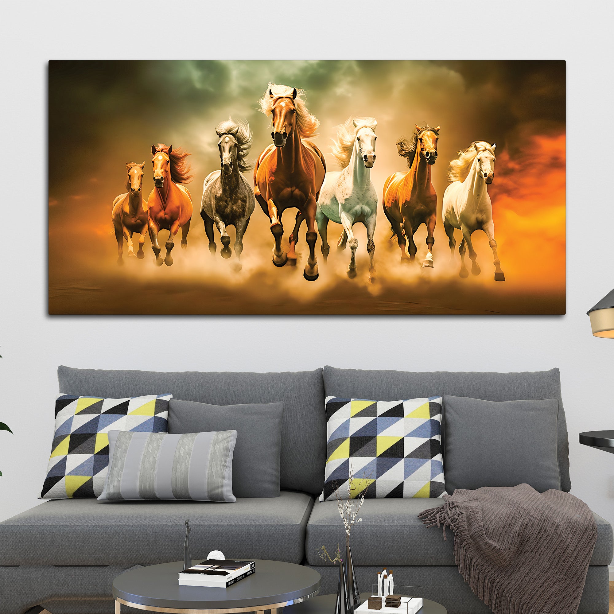 Seven Horses Running in Desert Premium Canvas Wall Painting