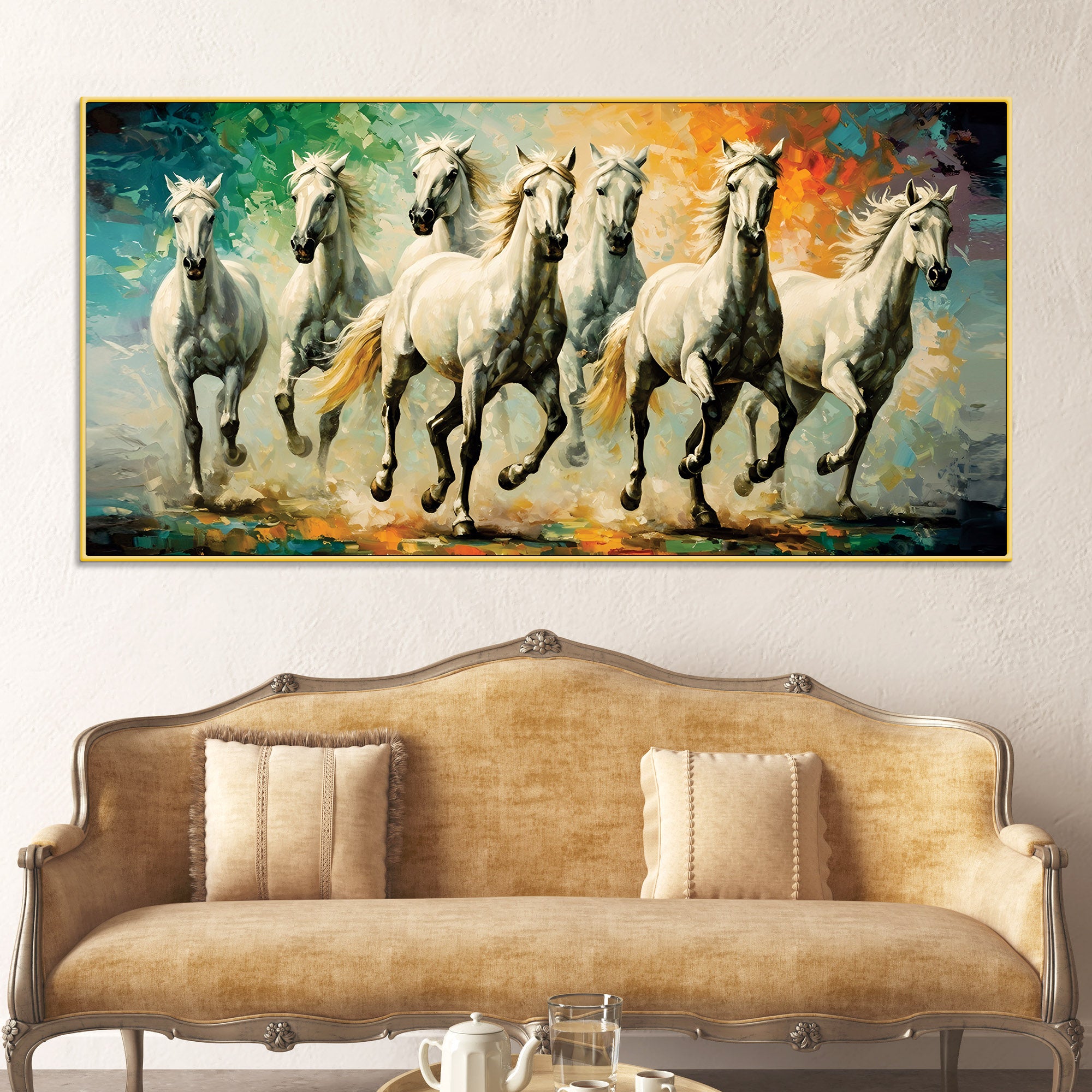 Seven Horses Running Watercolor Art Premium Canvas Wall Painting