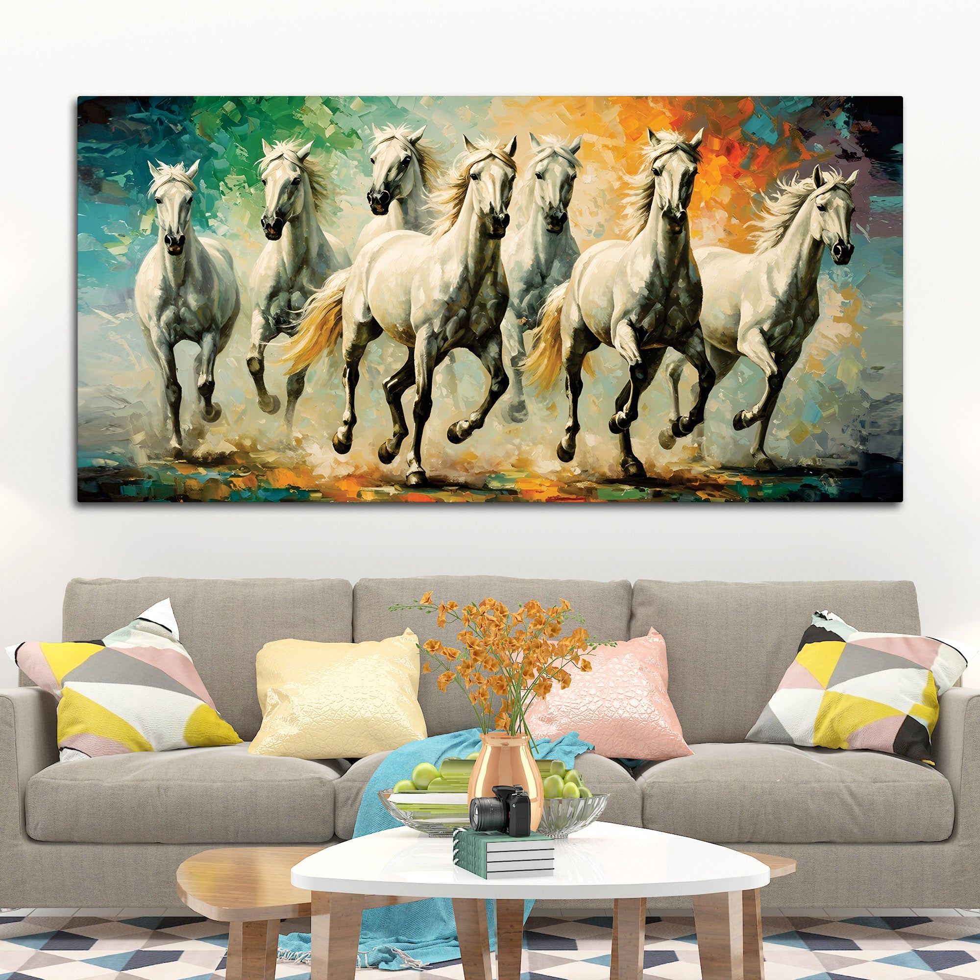 Seven Horses Running Watercolor Art Premium Canvas Wall Painting