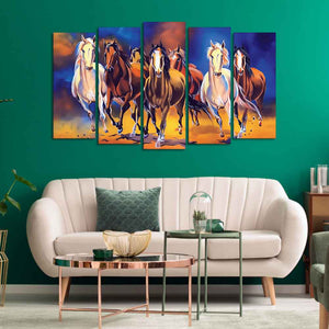 Seven Horses Set of Five Pieces Premium Canvas Wall Painting