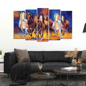 Seven Horses Set of Five Pieces Premium Canvas Wall Painting