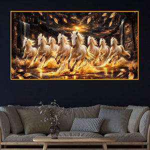 Seven Horses Wealth Symbol Crystal Glass Painting for Home Décor