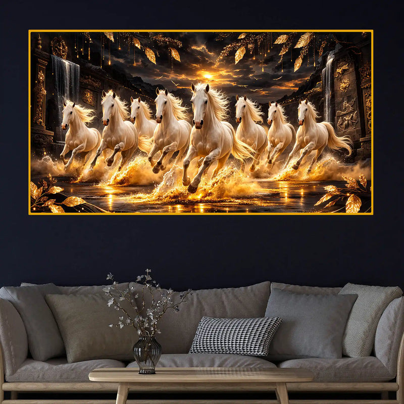 Seven Horses Wealth Symbol Crystal Glass Painting for Home Décor