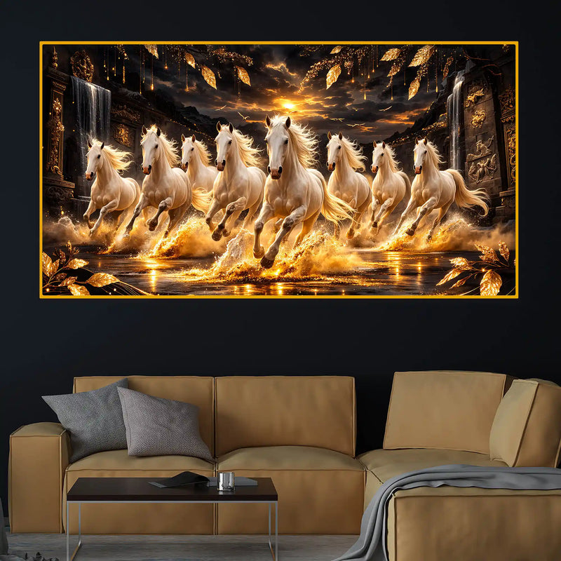 Seven Horses Wealth Symbol Crystal Glass Painting for Home Décor