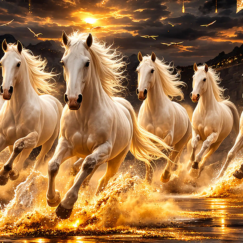 Seven Horses Wealth Symbol Crystal Glass Painting for Home Décor