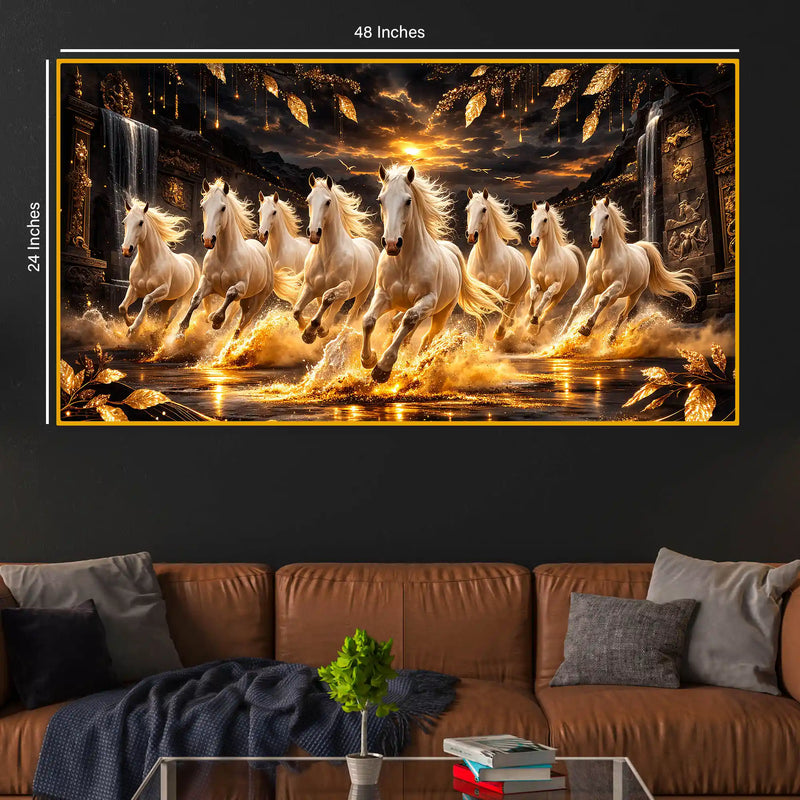 Seven Horses Wealth Symbol Crystal Glass Painting for Home Décor