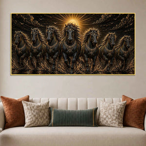 Seven Majestic Black Horses in Sunrise Metallic Look 3D Canvas Wall Painting