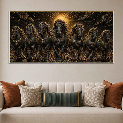 Seven Majestic Black Horses in Sunrise Metallic Look 3D Canvas Wall Painting