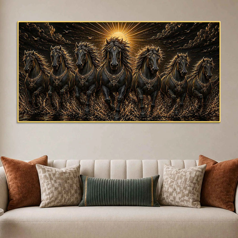 Seven Majestic Black Horses in Sunrise Metallic Look 3D Canvas Wall Painting