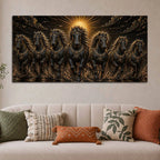 Seven Majestic Black Horses in Sunrise Metallic Look 3D Canvas Wall Painting