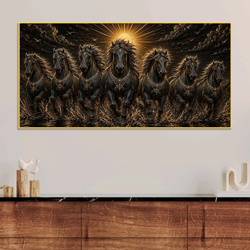 Seven Majestic Black Horses in Sunrise Metallic Look 3D Canvas Wall Painting