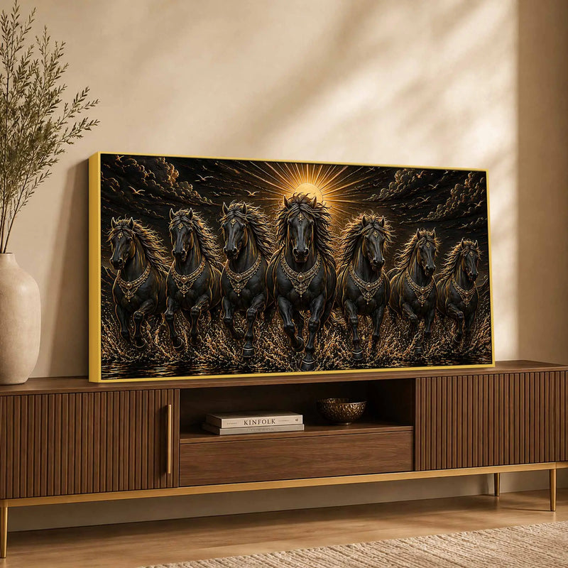 Seven Majestic Black Horses in Sunrise Metallic Look 3D Canvas Wall Painting