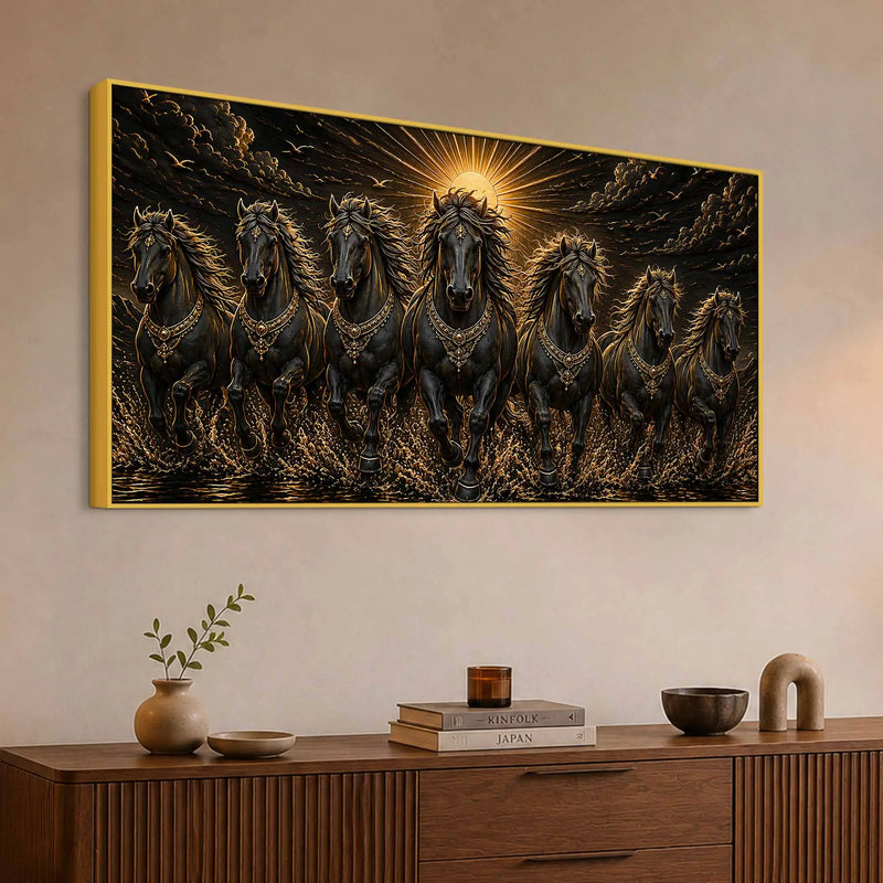 Seven Majestic Black Horses in Sunrise Metallic Look 3D Canvas Wall Painting