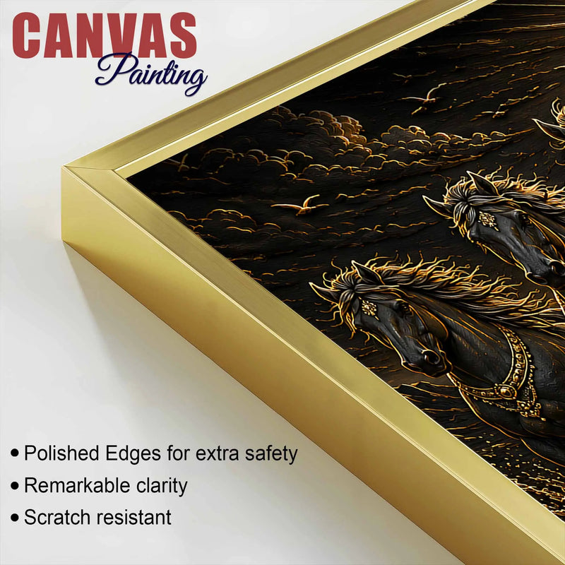 Seven Majestic Black Horses in Sunrise Metallic Look 3D Canvas Wall Painting