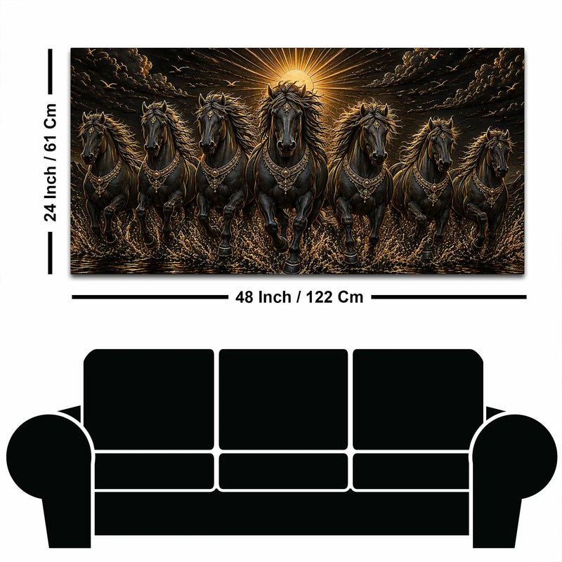 Seven Majestic Black Horses in Sunrise Metallic Look 3D Canvas Wall Painting