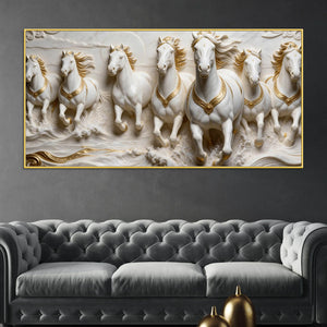 Seven Majestic White Horses Galloping 3D Canvas Wall Painting
