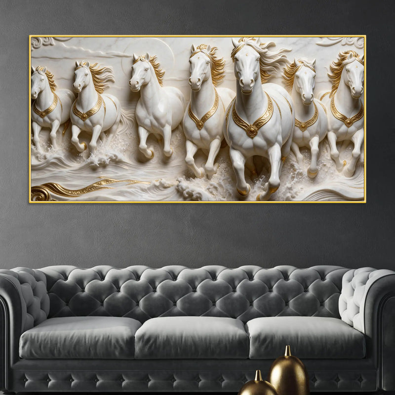Seven Majestic White Horses Galloping 3D Canvas Wall Painting
