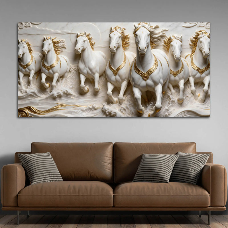Seven Majestic White Horses Galloping 3D Canvas Wall Painting