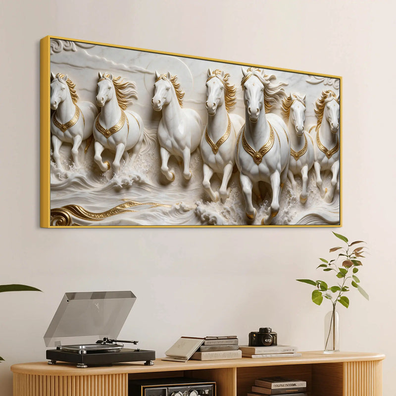 Seven Majestic White Horses Galloping 3D Canvas Wall Painting
