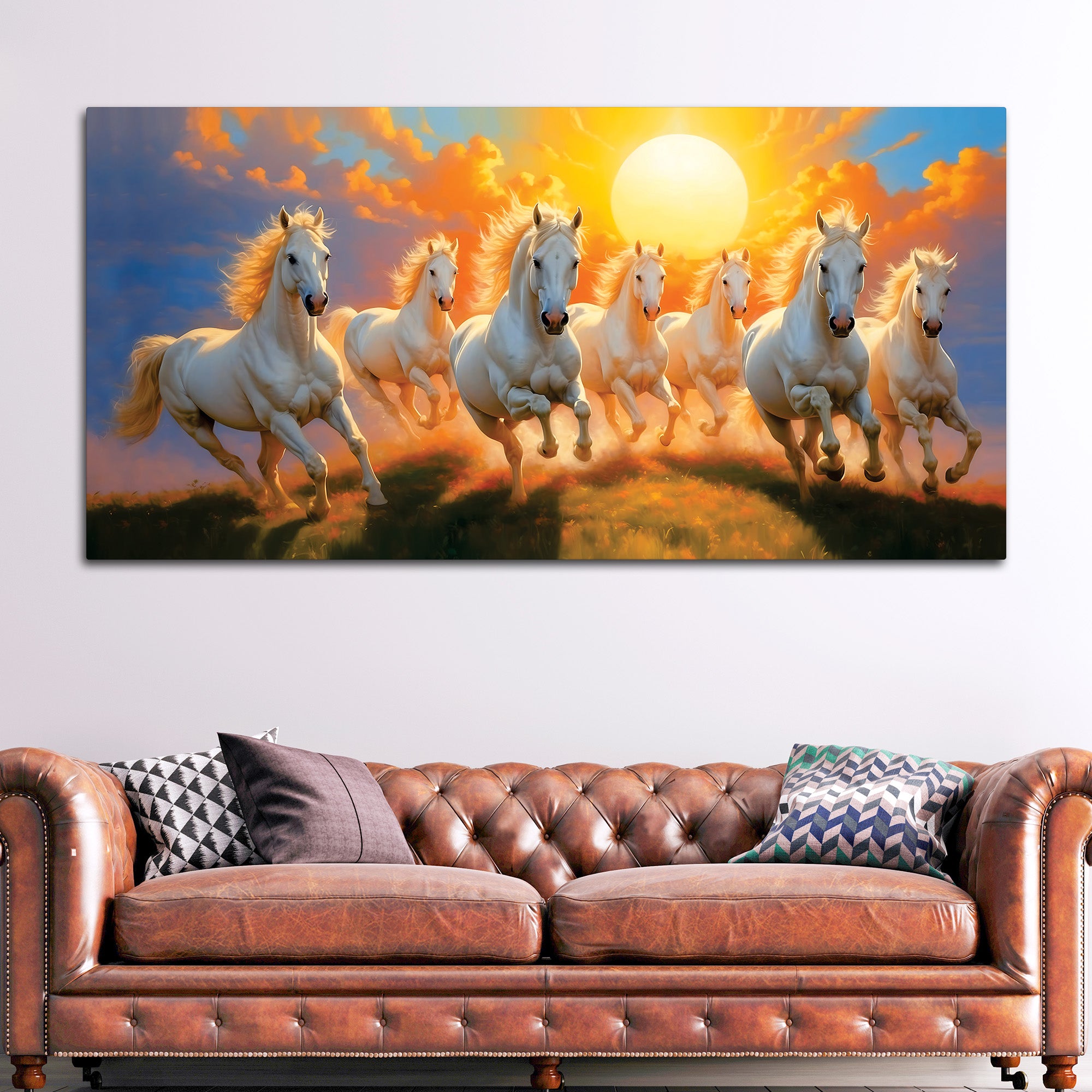 Seven Running Horses at Dawn Canvas Wall Painting