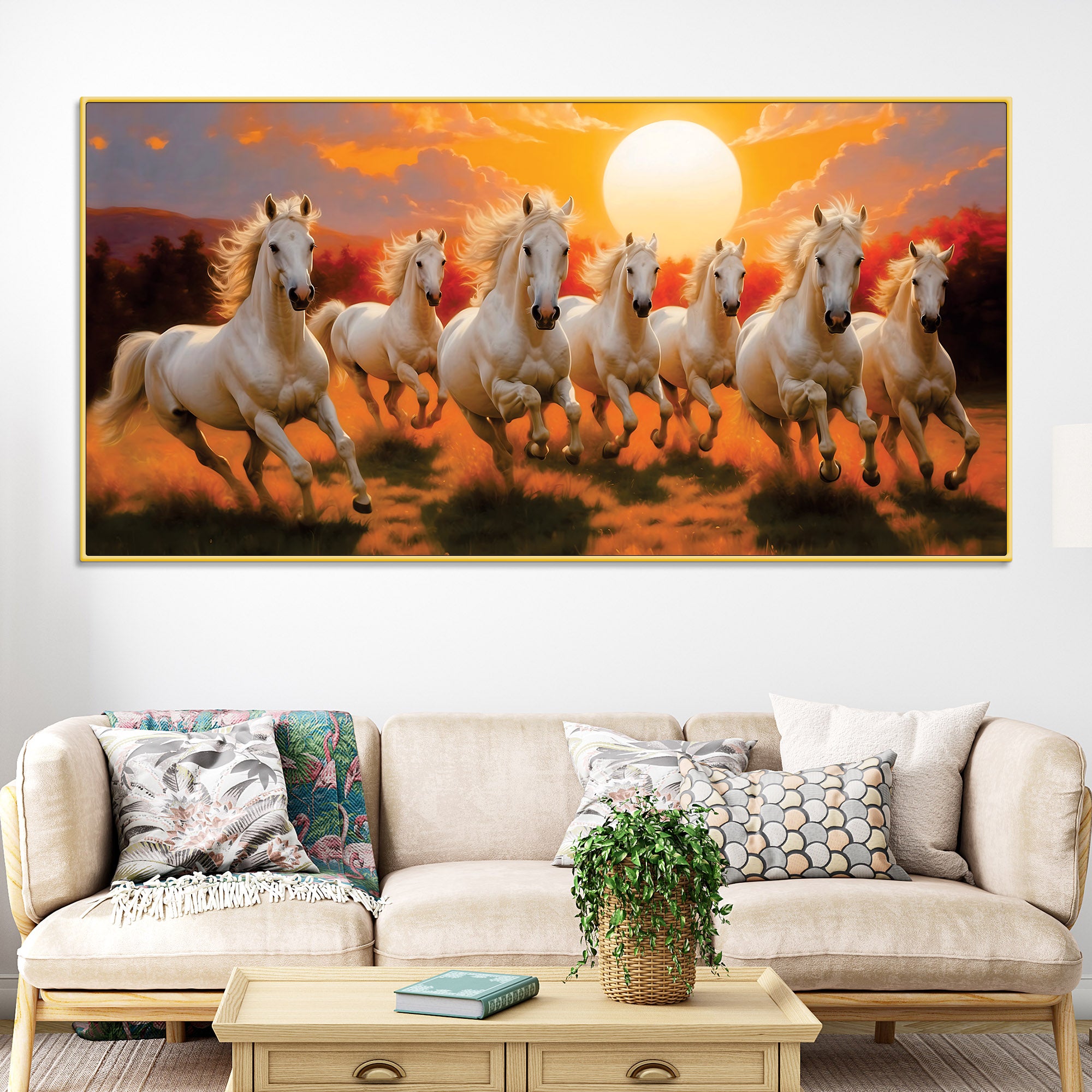 Seven Running Horses at Dawn Premium Wall Painting