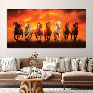 Seven Running Horses at Glowing Sunset Canvas Wall Painting