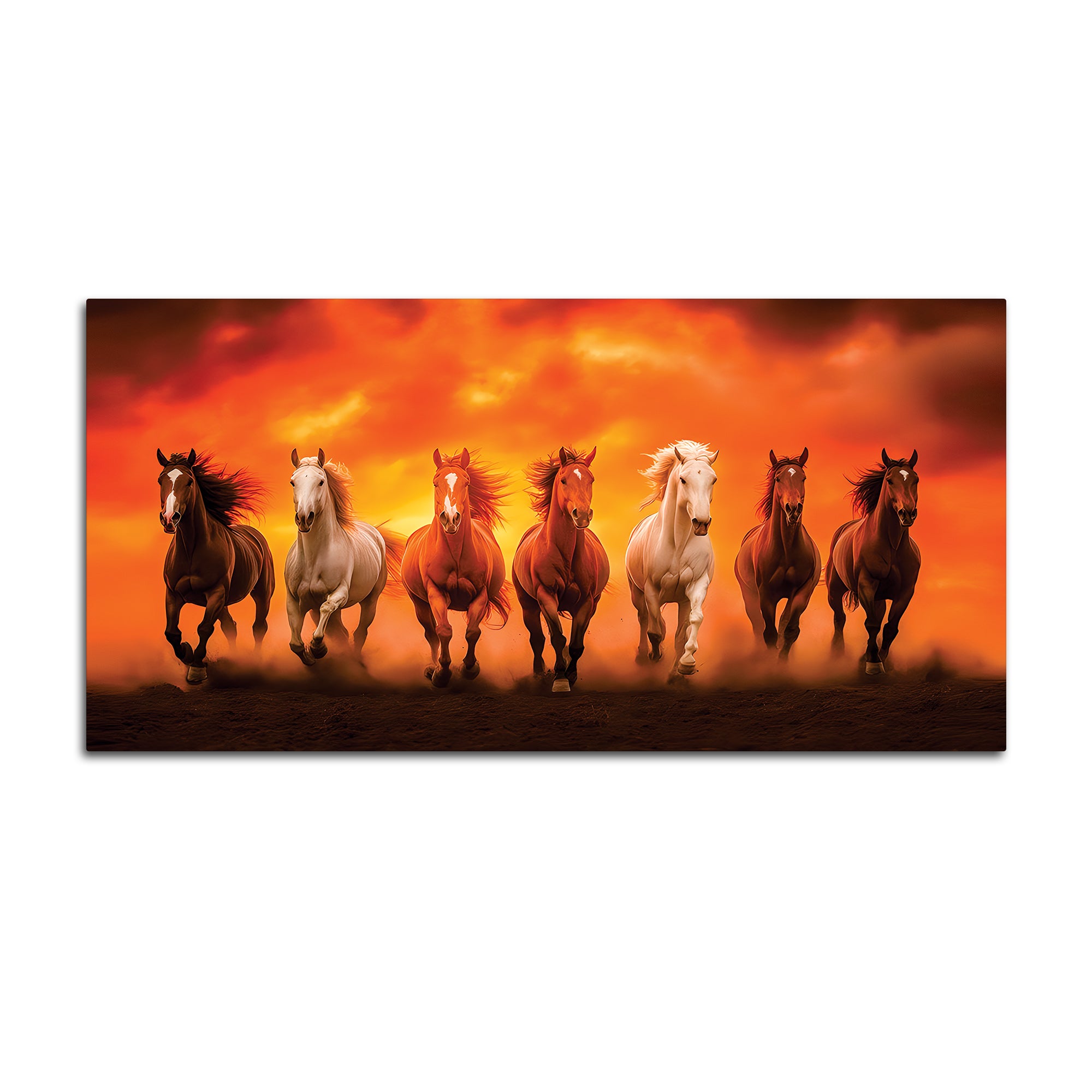 Seven Running Horses at Glowing Sunset Canvas Wall Painting
