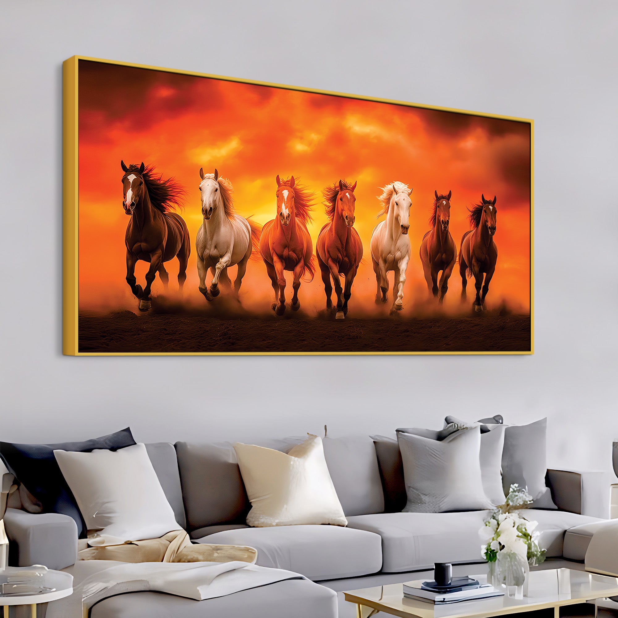 Seven Running Horses at Glowing Sunset Canvas Wall Painting