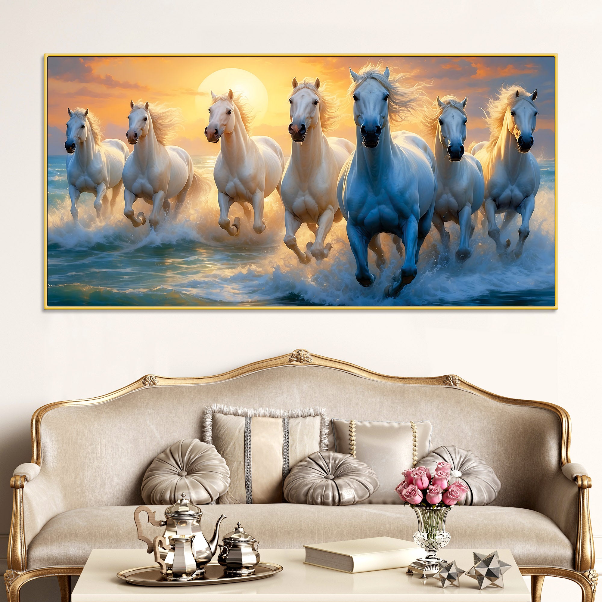 Seven Running Horses at Sunrise Premium Canvas Wall Painting