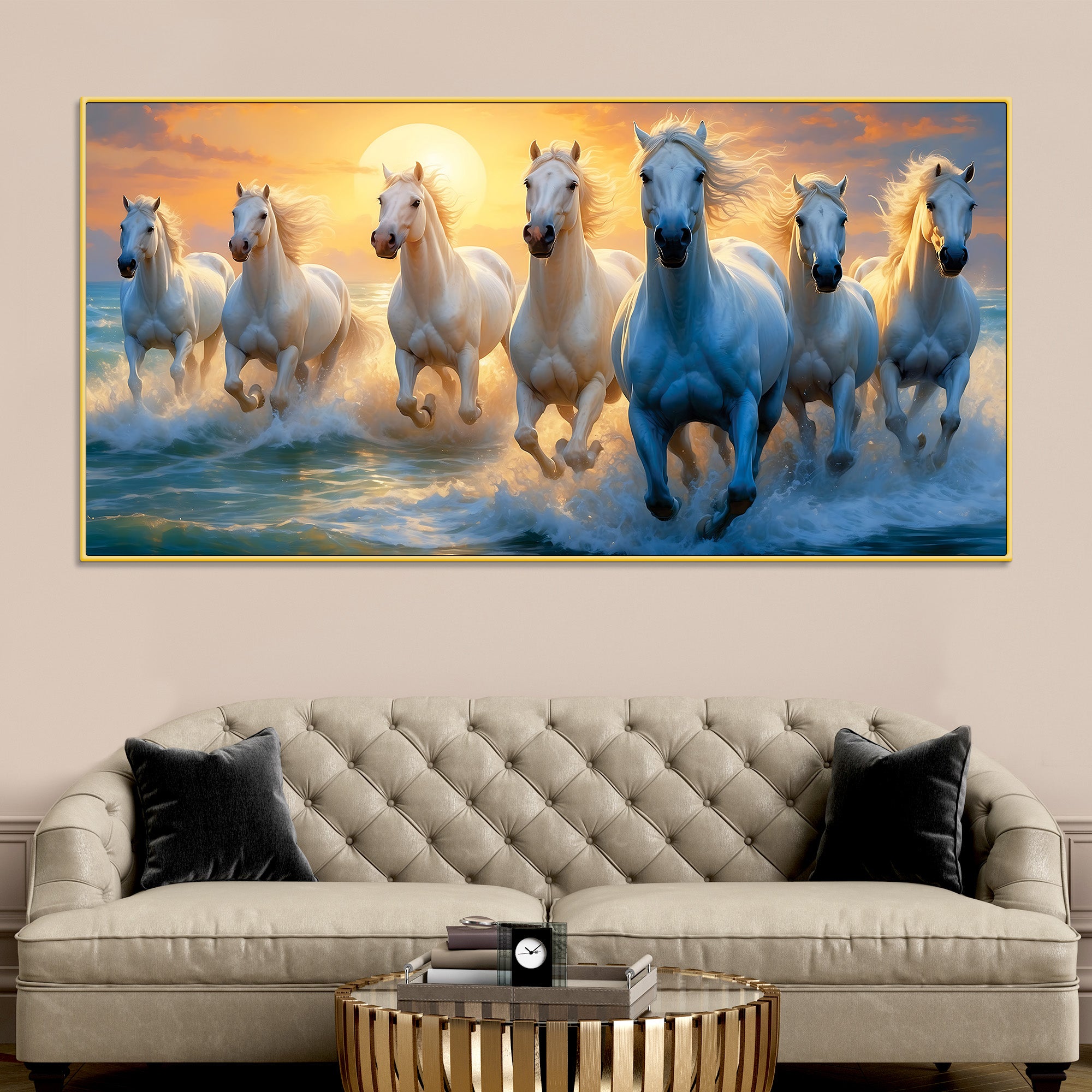 Seven Running Horses at Sunrise Premium Canvas Wall Painting