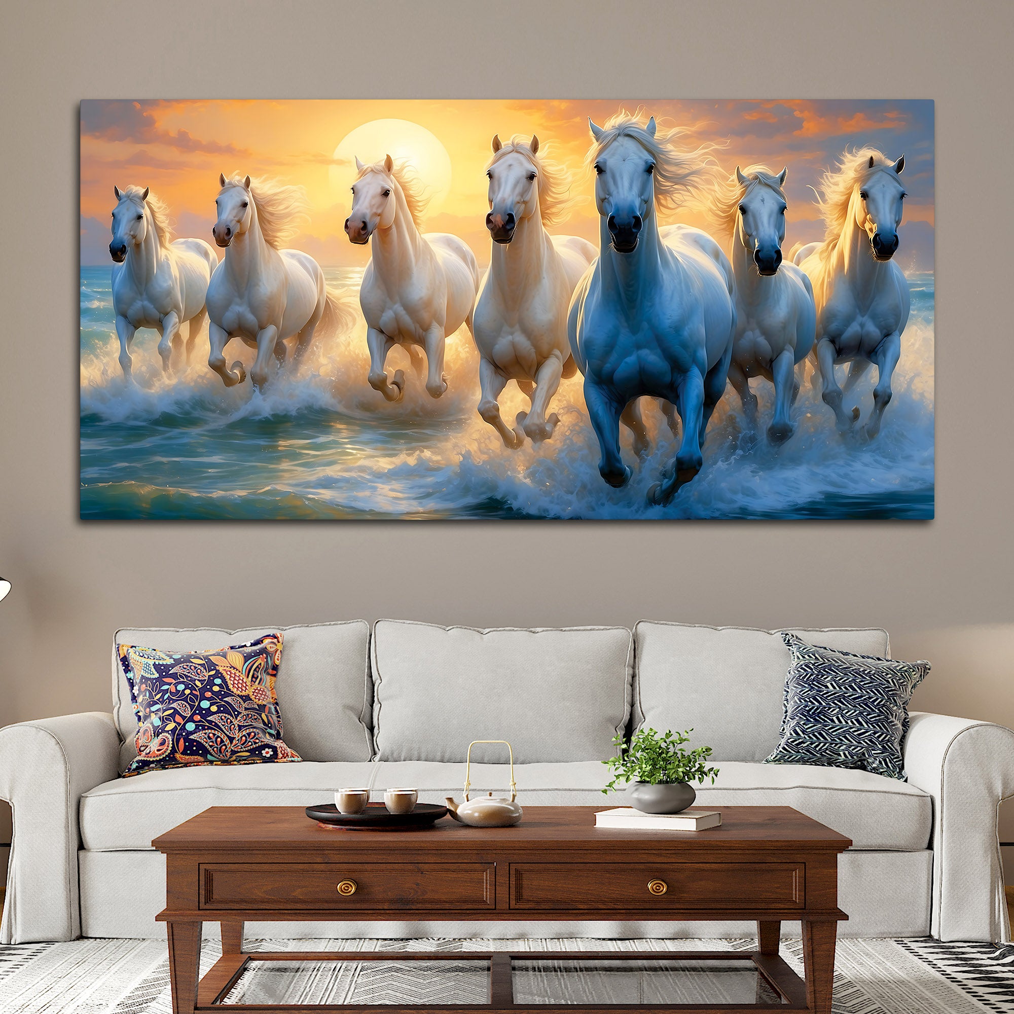 Seven Running Horses at Sunrise Premium Canvas Wall Painting