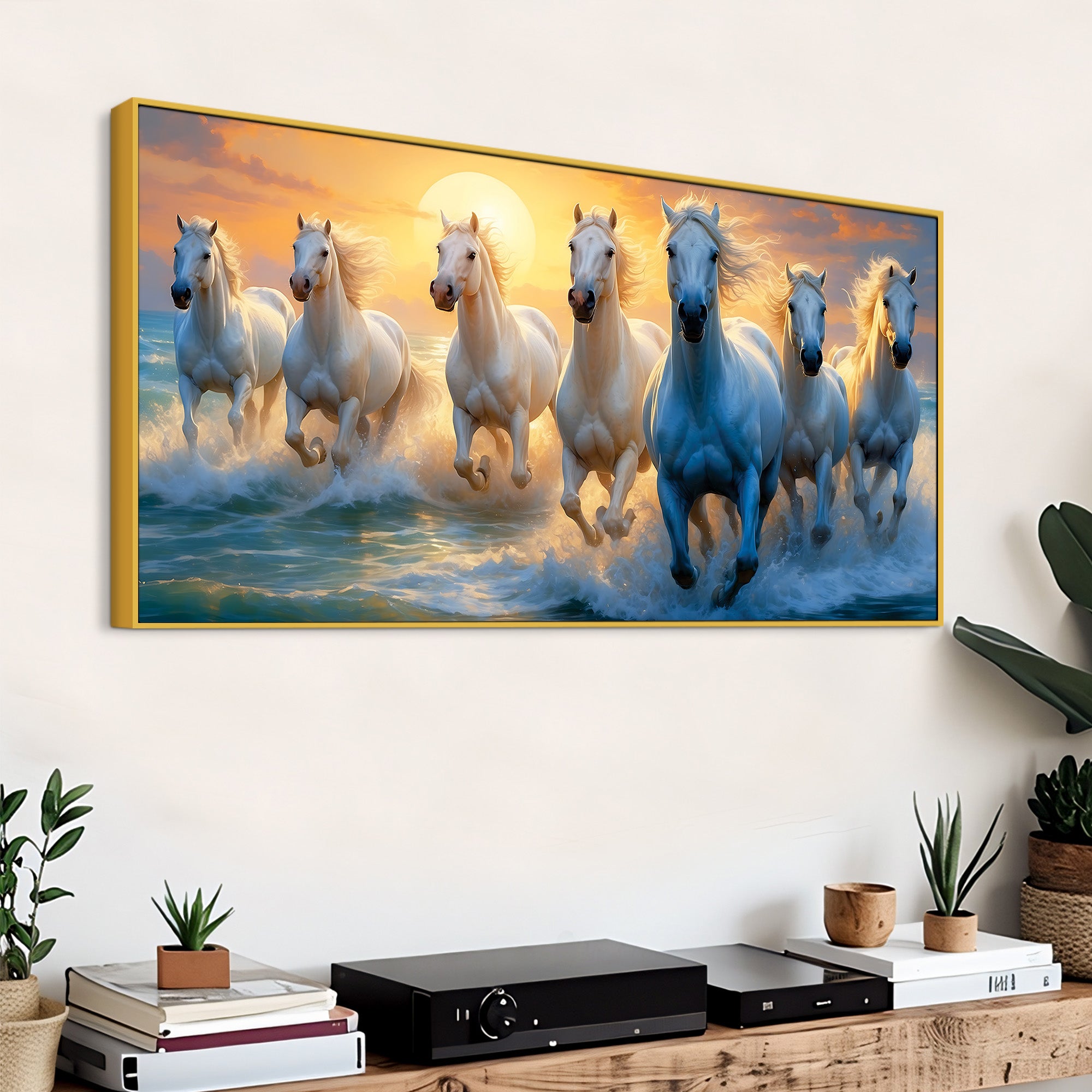 Seven Running Horses at Sunrise Premium Canvas Wall Painting