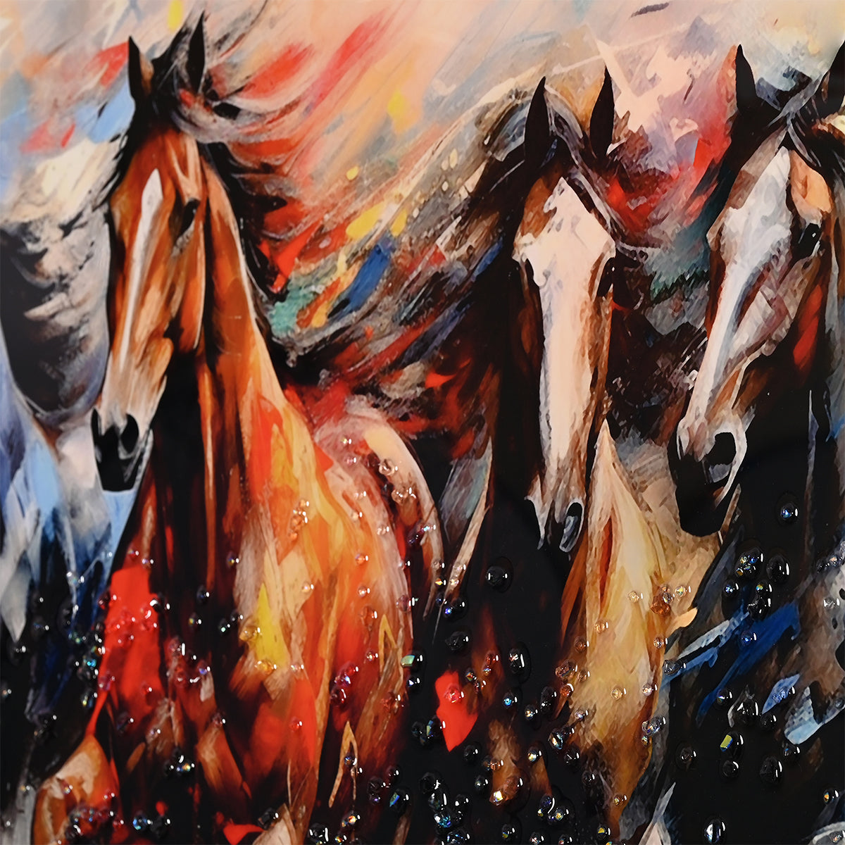 Seven Running Horses in Morning Framed Crystal Glass Painting