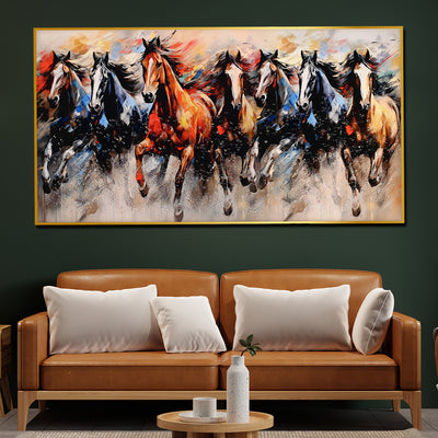 Seven Running Horses in Morning Framed Crystal Glass Painting
