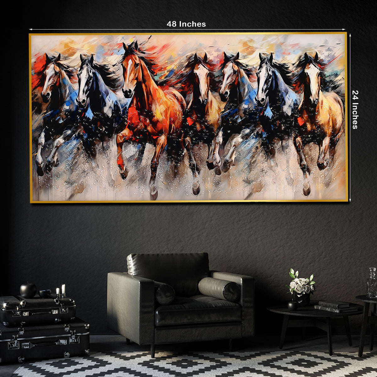 Seven Running Horses in Morning Framed Crystal Glass Painting