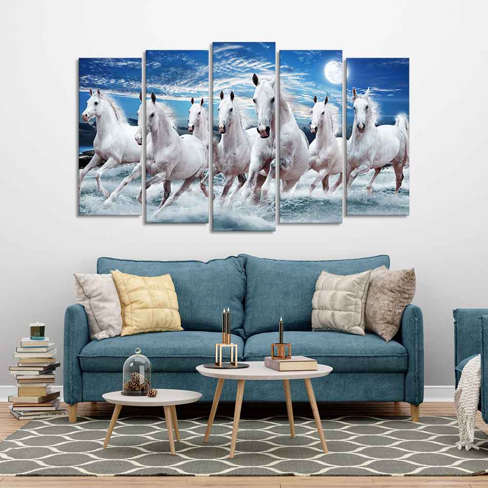 Seven Running Horses in Water Canvas Wall Painting of Five Pieces