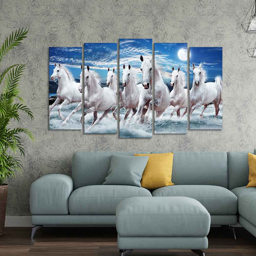 Seven Running Horses in Water Canvas Wall Painting of Five Pieces