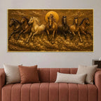 Seven Running Horses with Rising Sun Metallic Look 3D Canvas Wall Painting