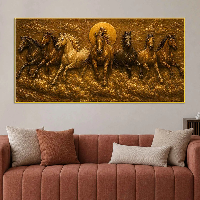 Seven Running Horses with Rising Sun Metallic Look 3D Canvas Wall Painting