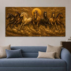 Seven Running Horses with Rising Sun Metallic Look 3D Canvas Wall Painting