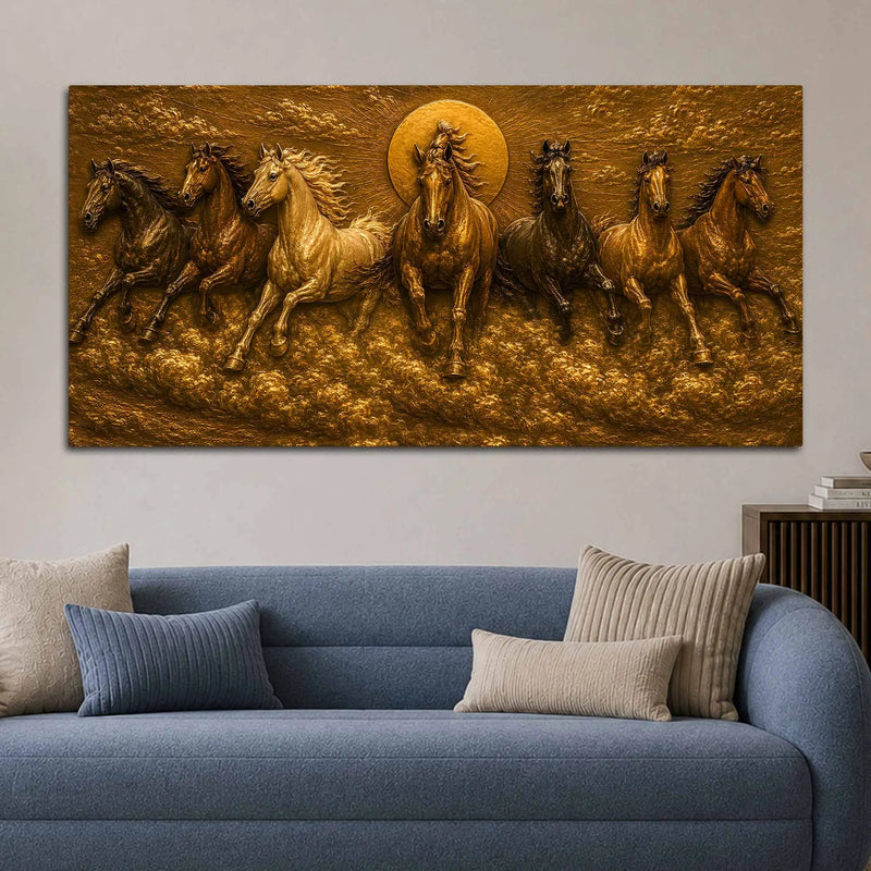 Seven Running Horses with Rising Sun Metallic Look 3D Canvas Wall Painting
